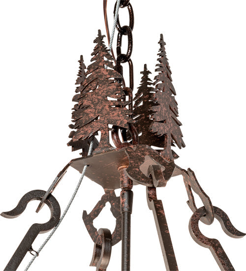 Meyda Lighting Moose at Dusk 54" 6-Light Rustic Nail Inverted Pendant Light With Amber Mica Shade Glass