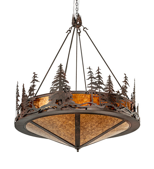 Meyda Lighting Moose at Dusk 54" 6-Light Rustic Nail Inverted Pendant Light With Amber Mica Shade Glass