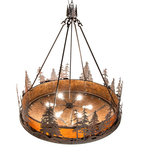 Meyda Lighting Moose at Dusk 54" 6-Light Rustic Nail Inverted Pendant Light With Amber Mica Shade Glass