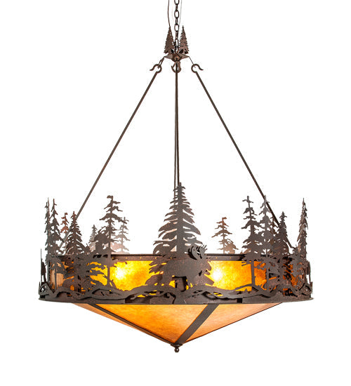 Meyda Lighting Moose at Dusk 54" 6-Light Rustic Nail Inverted Pendant Light With Amber Mica Shade Glass