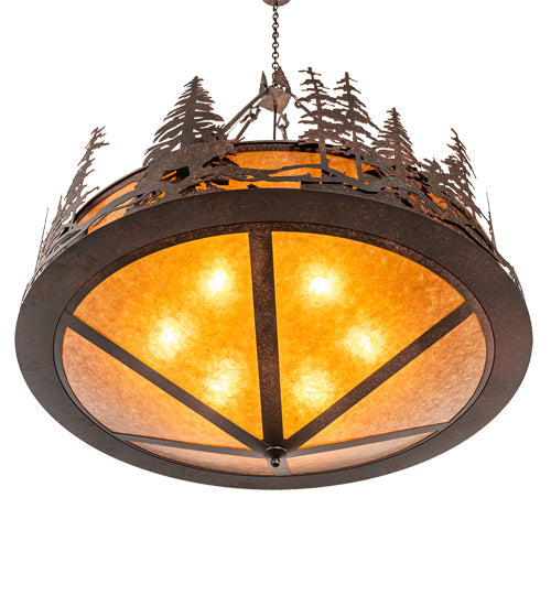 Meyda Lighting Moose at Dusk 54" 6-Light Rustic Nail Inverted Pendant Light With Amber Mica Shade Glass