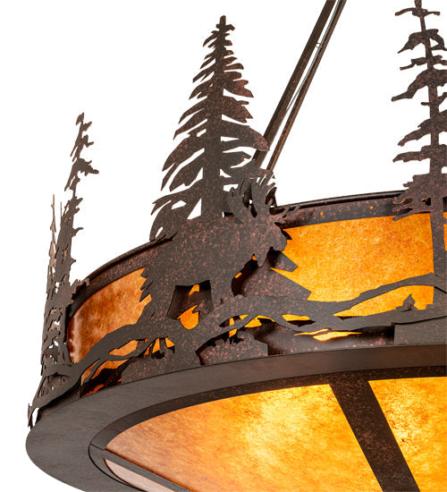 Meyda Lighting Moose at Dusk 54" 6-Light Rustic Nail Inverted Pendant Light With Amber Mica Shade Glass