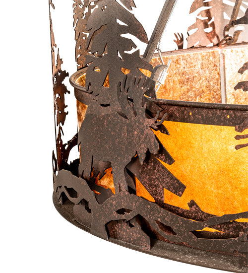 Meyda Lighting Moose at Dusk 54" 6-Light Rustic Nail Inverted Pendant Light With Amber Mica Shade Glass