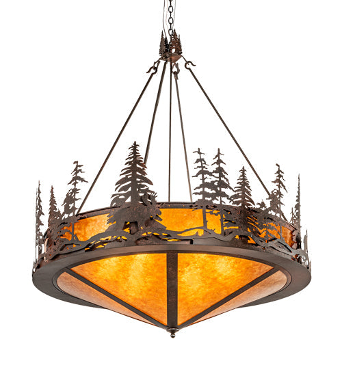 Meyda Lighting Moose at Dusk 54" 6-Light Rustic Nail Inverted Pendant Light With Amber Mica Shade Glass