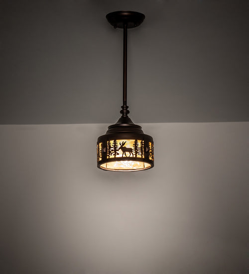 Meyda Lighting Moose at Dusk 8" Mahogany Bronze Mini Pendant Light With Beige Art Shade Glass
