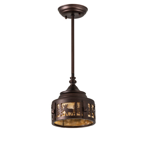 Meyda Lighting Moose at Dusk 8" Mahogany Bronze Mini Pendant Light With Beige Art Shade Glass