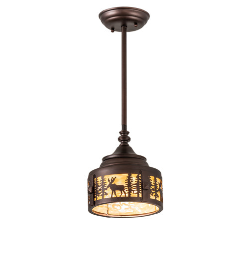 Meyda Lighting Moose at Dusk 8" Mahogany Bronze Mini Pendant Light With Beige Art Shade Glass