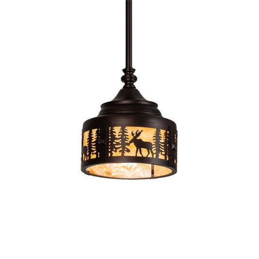 Meyda Lighting Moose at Dusk 8" Mahogany Bronze Mini Pendant Light With Beige Shade Glass