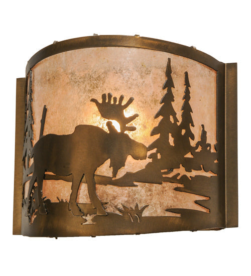 Meyda Lighting Moose at Lake 12" Antique Copper Wall Sconce With Silver Mica Shade Glass