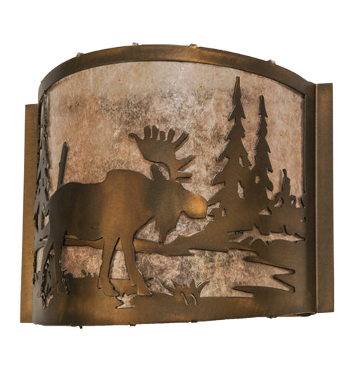 Meyda Lighting Moose at Lake 12" Antique Copper Wall Sconce With Silver Mica Shade Glass