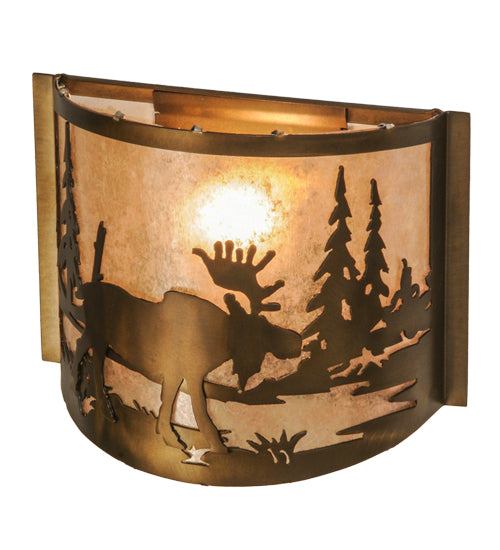 Meyda Lighting Moose at Lake 12" Antique Copper Wall Sconce With Silver Mica Shade Glass