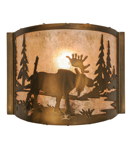 Meyda Lighting Moose at Lake 12" Antique Copper Wall Sconce With Silver Mica Shade Glass
