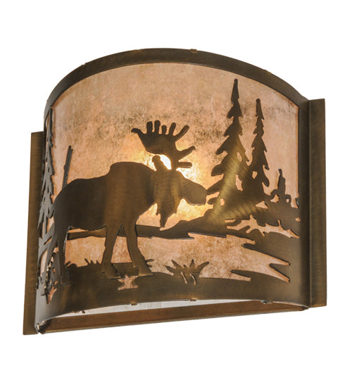 Meyda Lighting Moose at Lake 12" Antique Copper Wall Sconce With Silver Mica Shade Glass