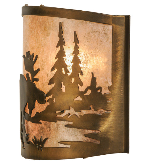 Meyda Lighting Moose at Lake 12" Antique Copper Wall Sconce With Silver Mica Shade Glass