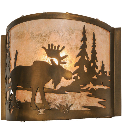Meyda Lighting Moose at Lake 12" Antique Copper Wall Sconce With Silver Mica Shade Glass