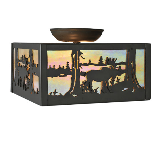 Meyda Lighting Moose at Lake 15" 2-Light Mahogany Bronze Flush Mount Light With Beige Iridescent Shade Glass