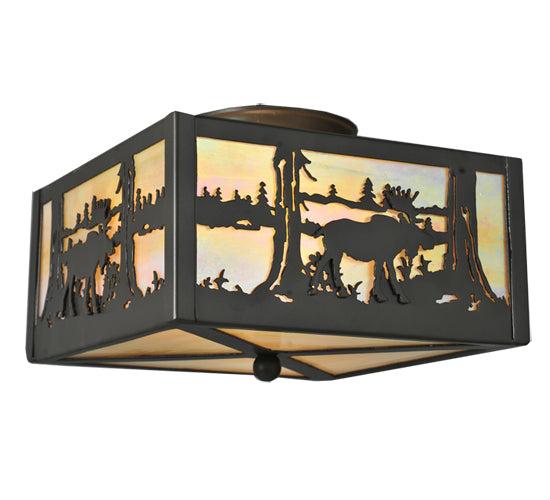 Meyda Lighting Moose at Lake 15" 2-Light Mahogany Bronze Flush Mount Light With Beige Iridescent Shade Glass