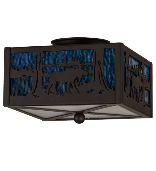 Meyda Lighting Moose at Lake 15" 2-Light Oil Rubbed Bronze Flush Mount Light With Green Blue & Frosted Clear Shade Glass
