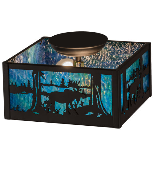 Meyda Lighting Moose at Lake 15" 2-Light Oil Rubbed Bronze Flush Mount Light With Green Blue & Frosted Clear Shade Glass