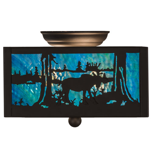 Meyda Lighting Moose at Lake 15" 2-Light Oil Rubbed Bronze Flush Mount Light With Green Blue & Frosted Clear Shade Glass