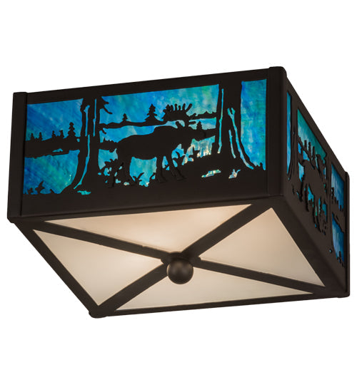 Meyda Lighting Moose at Lake 15" 2-Light Oil Rubbed Bronze Flush Mount Light With Green Blue & Frosted Clear Shade Glass