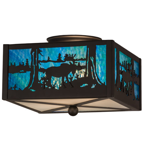 Meyda Lighting Moose at Lake 15" 2-Light Oil Rubbed Bronze Flush Mount Light With Green Blue & Frosted Clear Shade Glass