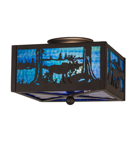 Meyda Lighting Moose at Lake 15" 2-Light Oil Rubbed Bronze Flush Mount Light With Light Blue & Dark Blue Art Shade Glass
