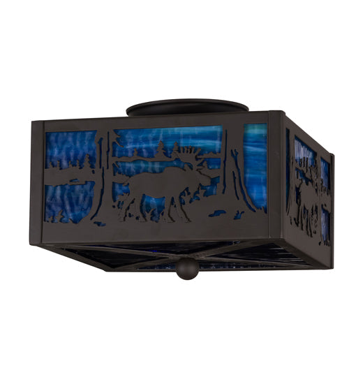 Meyda Lighting Moose at Lake 15" 2-Light Oil Rubbed Bronze Flush Mount Light With Light Blue & Dark Blue Art Shade Glass