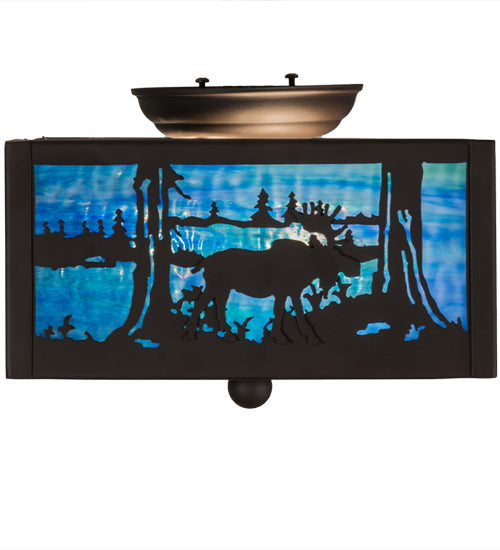 Meyda Lighting Moose at Lake 15" 2-Light Oil Rubbed Bronze Flush Mount Light With Light Blue & Dark Blue Art Shade Glass