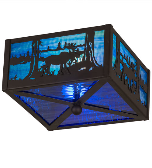 Meyda Lighting Moose at Lake 15" 2-Light Oil Rubbed Bronze Flush Mount Light With Light Blue & Dark Blue Art Shade Glass