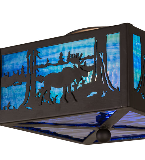 Meyda Lighting Moose at Lake 15" 2-Light Oil Rubbed Bronze Flush Mount Light With Light Blue & Dark Blue Art Shade Glass