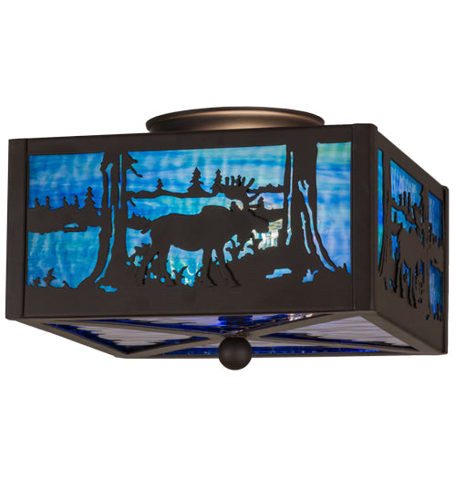 Meyda Lighting Moose at Lake 15" 2-Light Oil Rubbed Bronze Flush Mount Light With Light Blue & Dark Blue Art Shade Glass