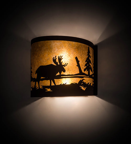 Meyda Lighting Moose at Lake 16" 2-Light Rust Wall Sconce With Amber Mica Shade Glass