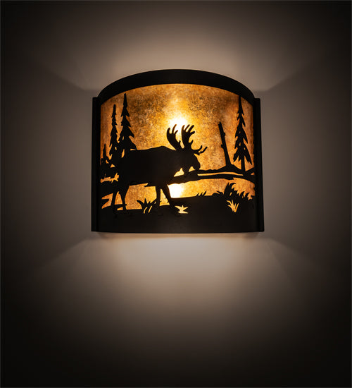 Meyda Lighting Moose at Lake 16" 2-Light Textured Black Wall Sconce With Amber Mica Shade Glass