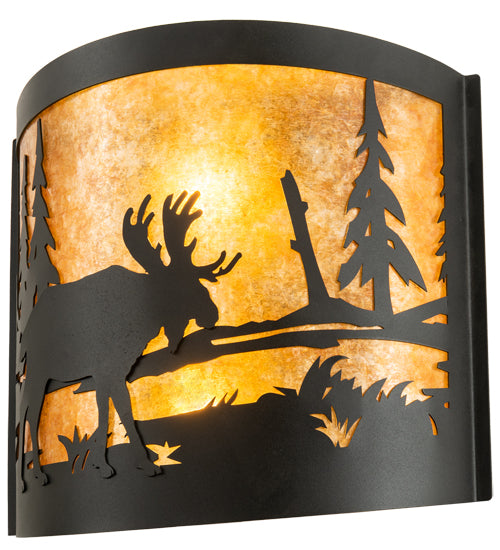 Meyda Lighting Moose at Lake 16" 2-Light Textured Black Wall Sconce With Amber Mica Shade Glass