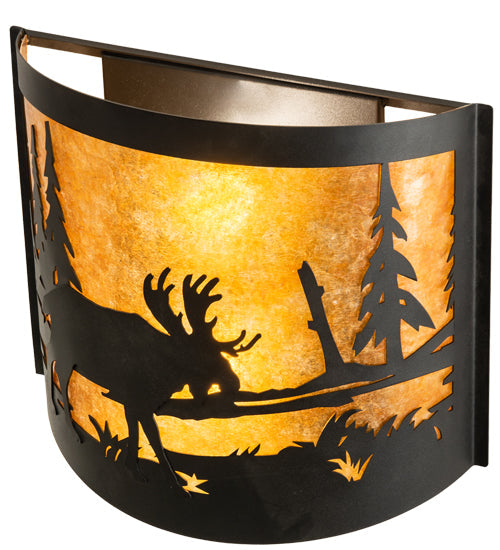 Meyda Lighting Moose at Lake 16" 2-Light Textured Black Wall Sconce With Amber Mica Shade Glass