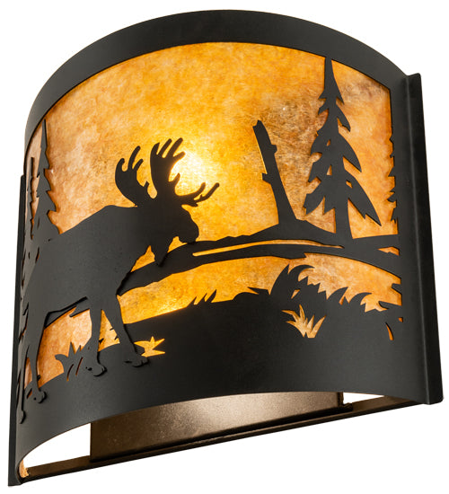 Meyda Lighting Moose at Lake 16" 2-Light Textured Black Wall Sconce With Amber Mica Shade Glass