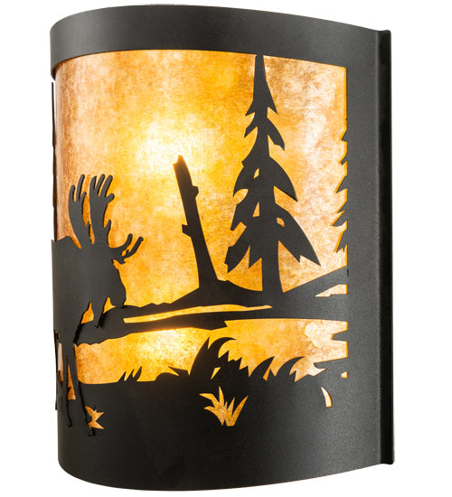 Meyda Lighting Moose at Lake 16" 2-Light Textured Black Wall Sconce With Amber Mica Shade Glass