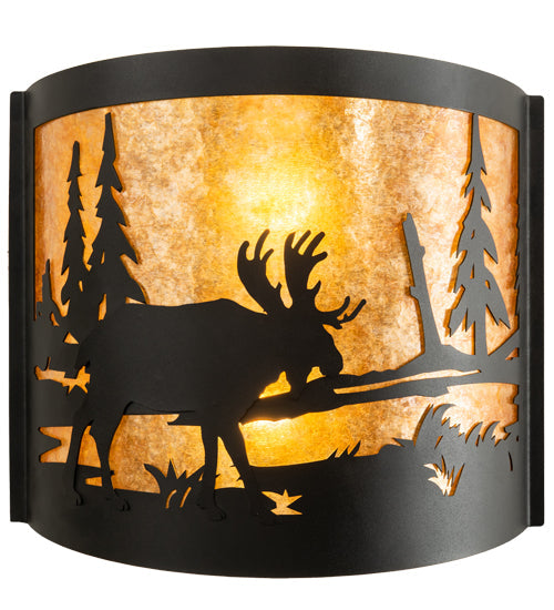 Meyda Lighting Moose at Lake 16" 2-Light Textured Black Wall Sconce With Amber Mica Shade Glass