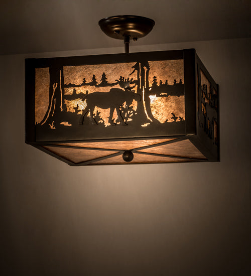 Meyda Lighting Moose at Lake 20" 3-Light Timeless Bronze Flush Mount Light With Silver Mica Shade Glass