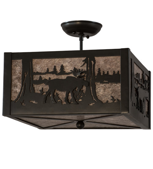 Meyda Lighting Moose at Lake 20" 3-Light Timeless Bronze Flush Mount Light With Silver Mica Shade Glass