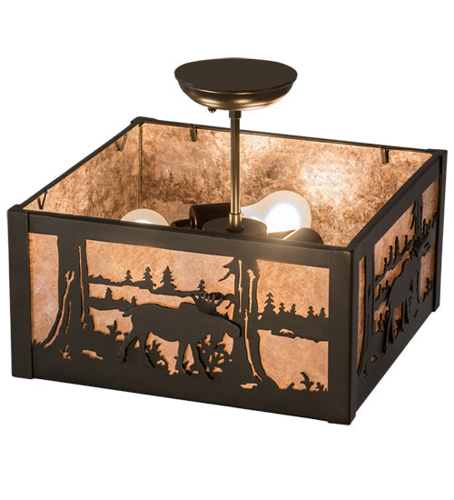 Meyda Lighting Moose at Lake 20" 3-Light Timeless Bronze Flush Mount Light With Silver Mica Shade Glass