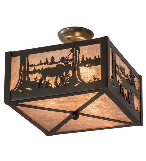 Meyda Lighting Moose at Lake 20" 3-Light Timeless Bronze Flush Mount Light With Silver Mica Shade Glass