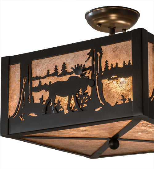 Meyda Lighting Moose at Lake 20" 3-Light Timeless Bronze Flush Mount Light With Silver Mica Shade Glass