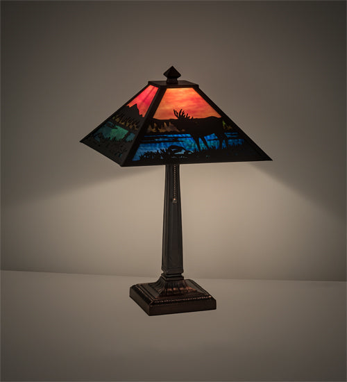 Meyda Lighting Moose at Lake 22" Craftsman Brown Table Lamp With Multi-Colored Shade Glass