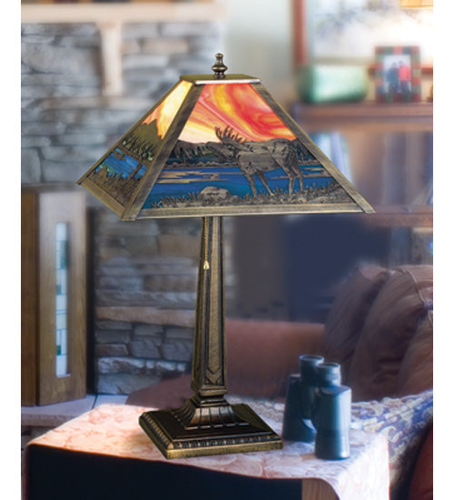 Meyda Lighting Moose at Lake 22" Craftsman Brown Table Lamp With Multi-Colored Shade Glass