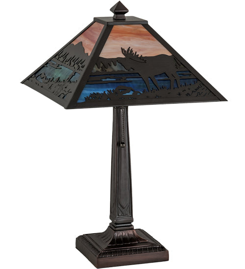 Meyda Lighting Moose at Lake 22" Craftsman Brown Table Lamp With Multi-Colored Shade Glass