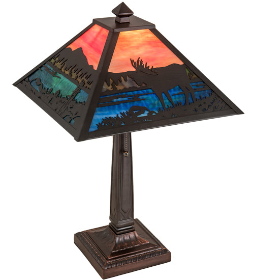 Meyda Lighting Moose at Lake 22" Craftsman Brown Table Lamp With Multi-Colored Shade Glass