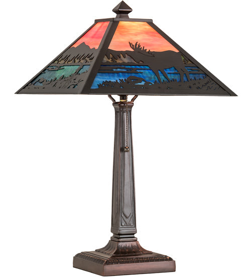 Meyda Lighting Moose at Lake 22" Craftsman Brown Table Lamp With Multi-Colored Shade Glass