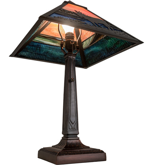 Meyda Lighting Moose at Lake 22" Craftsman Brown Table Lamp With Multi-Colored Shade Glass